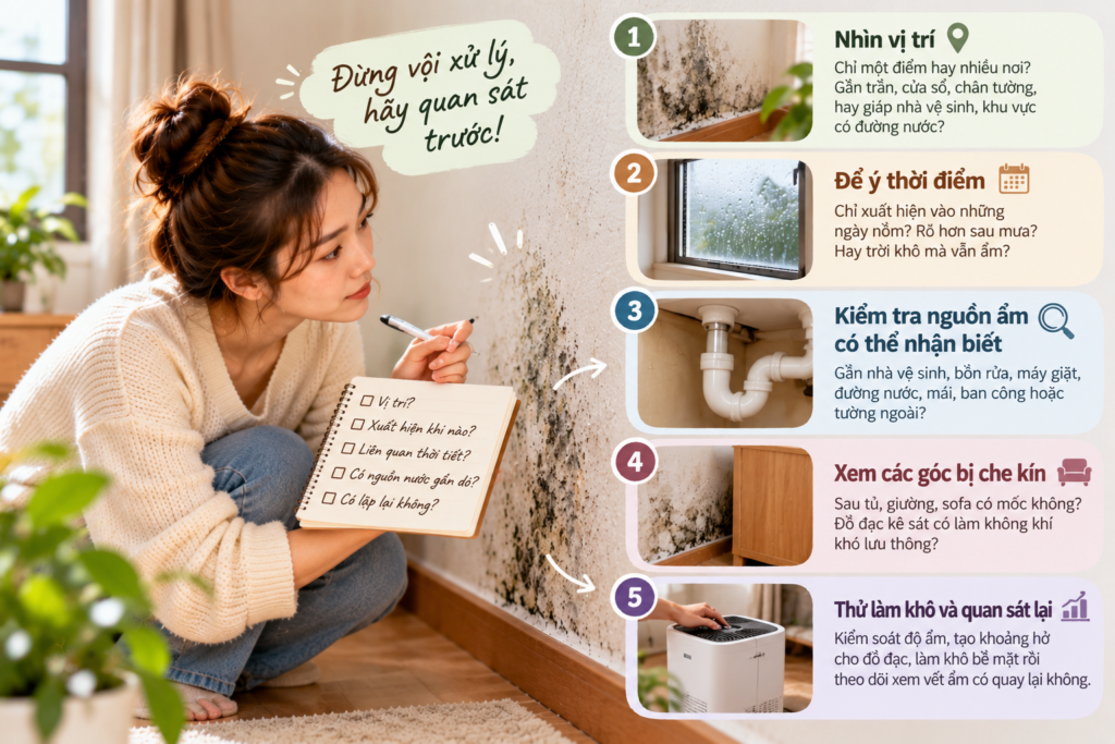 Các bước quan sát vị trí và xác định nguyên nhân tường nhà bị ẩm mốc