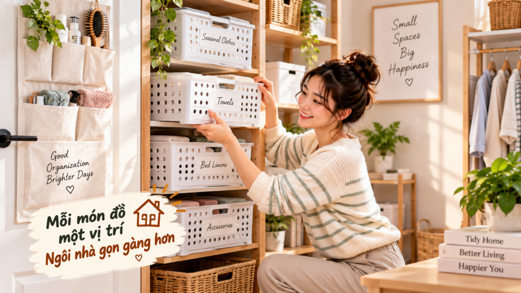 Nhà nhỏ nhiều đồ? 9 cách sắp xếp nhà nhỏ gọn gàng và rộng hơn Cách sắp xếp nhà nhỏ gọn gàng với hộp lưu trữ và kệ đựng đồ