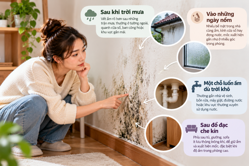 Kiểm tra nguyên nhân tường nhà bị ẩm mốc do độ ẩm, thấm nước hoặc rò rỉ