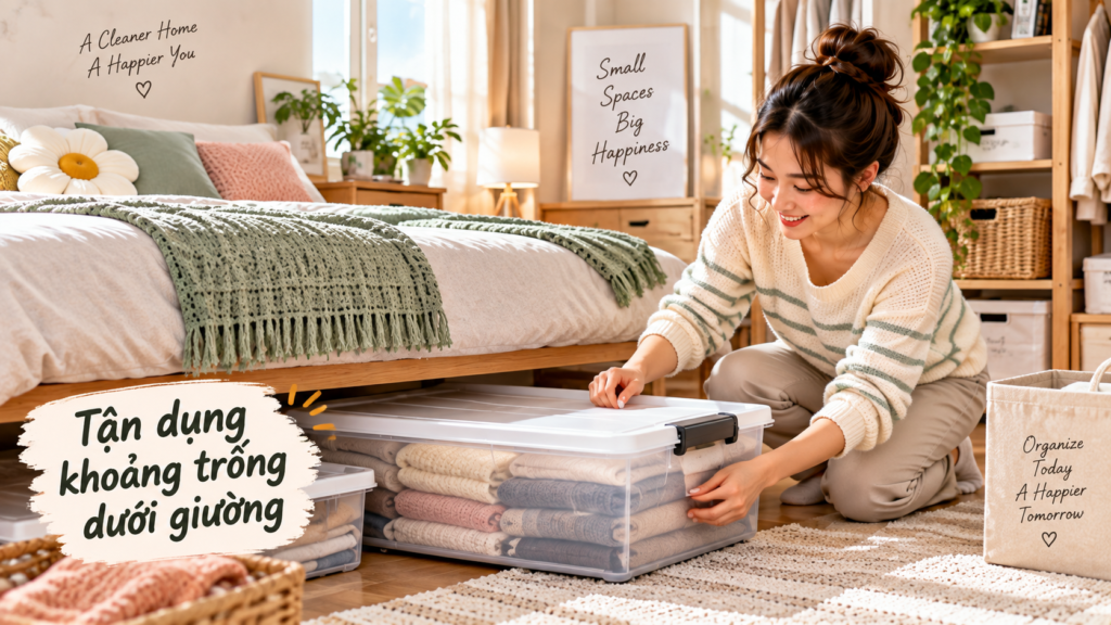 Nhà nhỏ nhiều đồ? 9 cách sắp xếp nhà nhỏ gọn gàng và rộng hơn Tận dụng khoảng trống dưới giường để lưu trữ đồ trong nhà nhỏ