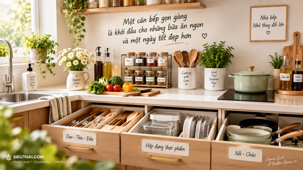 Nhà bếp nhiều đồ? 10 cách sắp xếp nhà bếp gọn gàng và dễ lấy đồ hơn cách sắp xếp nhà bếp với ngăn kéo và khu vực lưu trữ khoa học