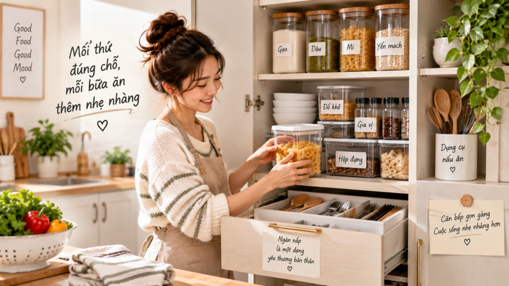 Nhà bếp nhiều đồ? 10 cách sắp xếp nhà bếp gọn gàng và dễ lấy đồ hơn sắp xếp nhà bếp gọn gàng với hộp đựng thực phẩm và ngăn kéo